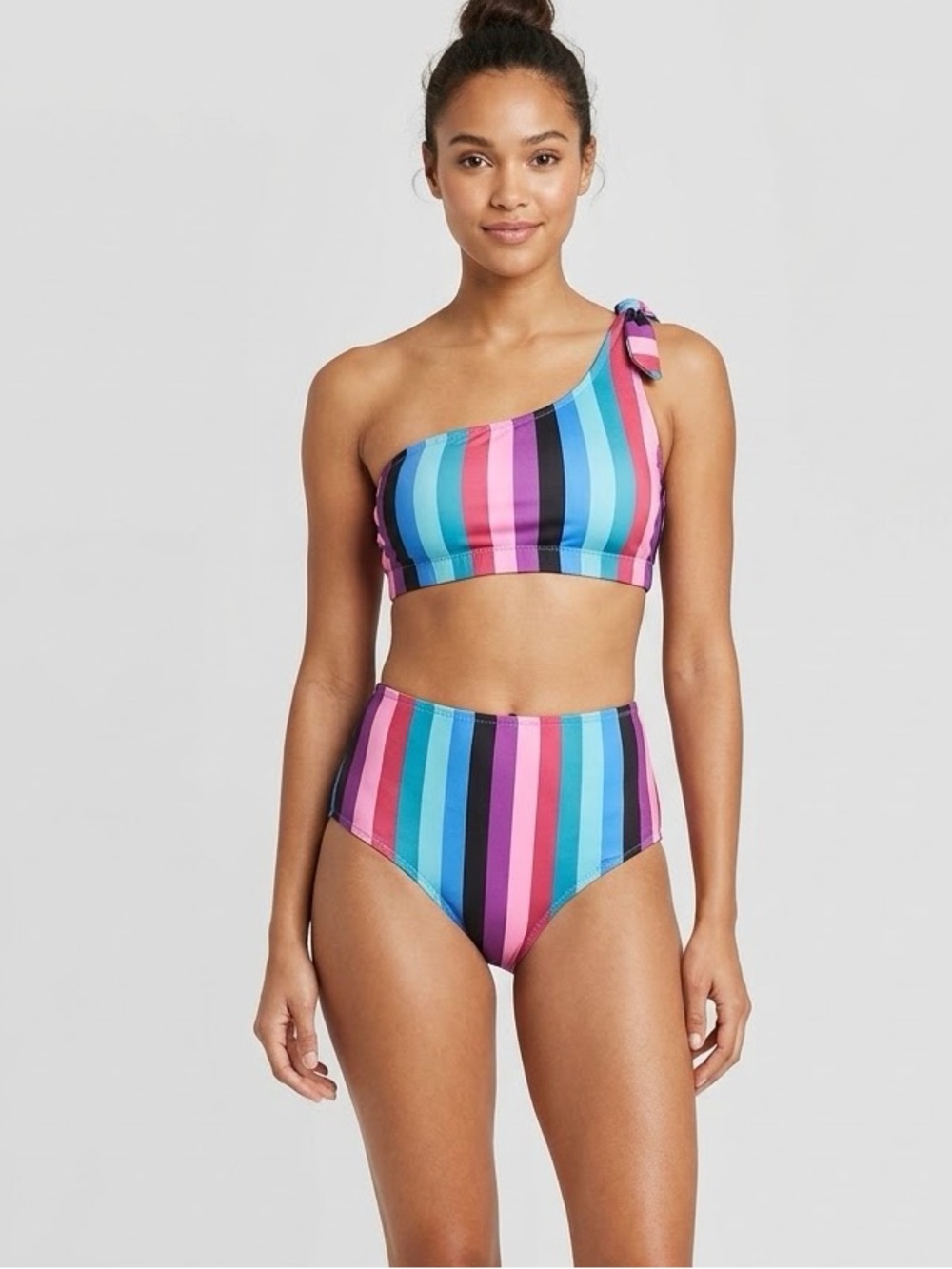Old Navy One-Shoulder Striped Bikini in Pink, Blue, Teal, Purple